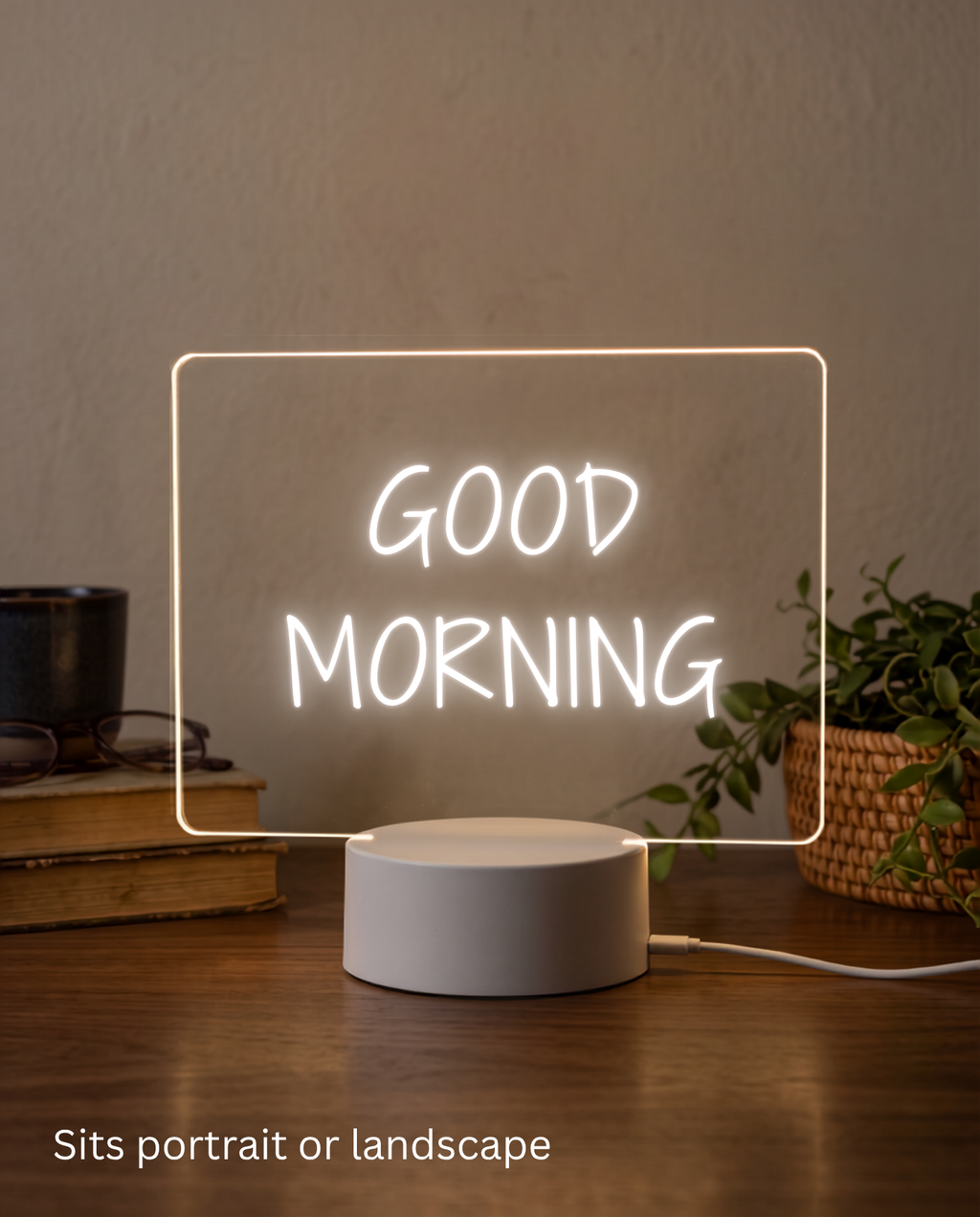 NoteGlow LED message board reading Good Morning on a wooden desk, sitting in landscape orientation