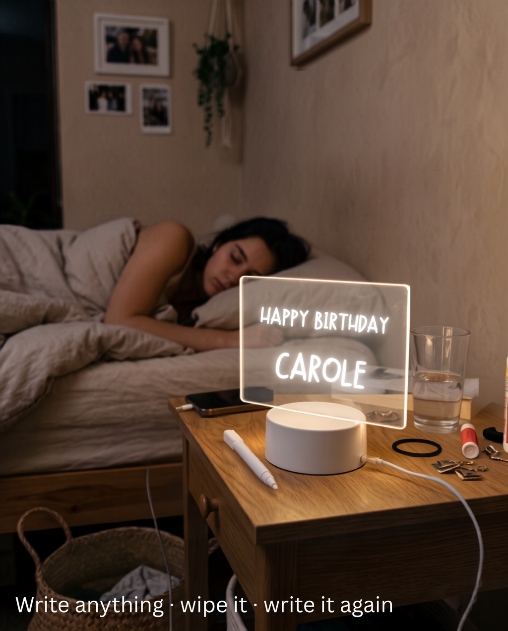 NoteGlow message board on a bedside table reading Happy Birthday Carole while someone sleeps, wipe it and write it again