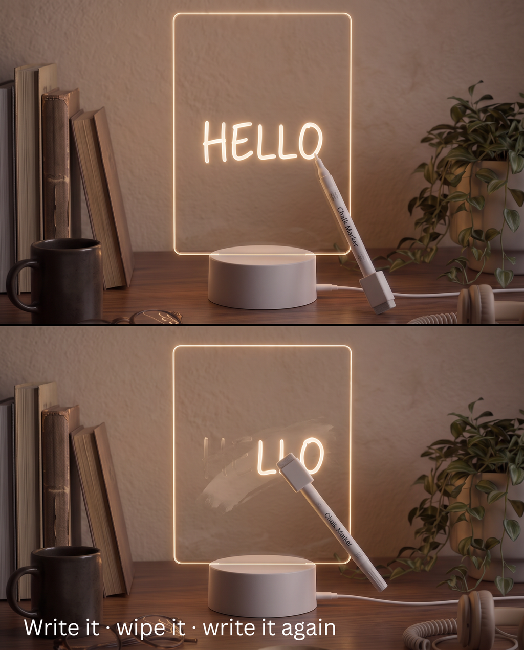NoteGlow board showing Hello written in glowing chalk marker and then being wiped clean