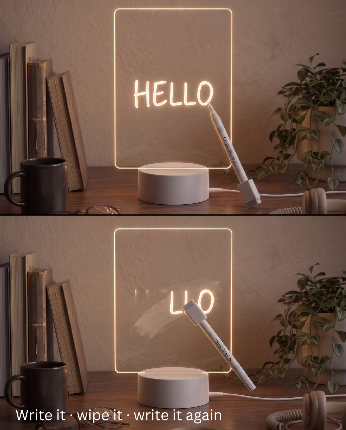 NoteGlow board showing Hello written in glowing chalk marker and then being wiped clean
