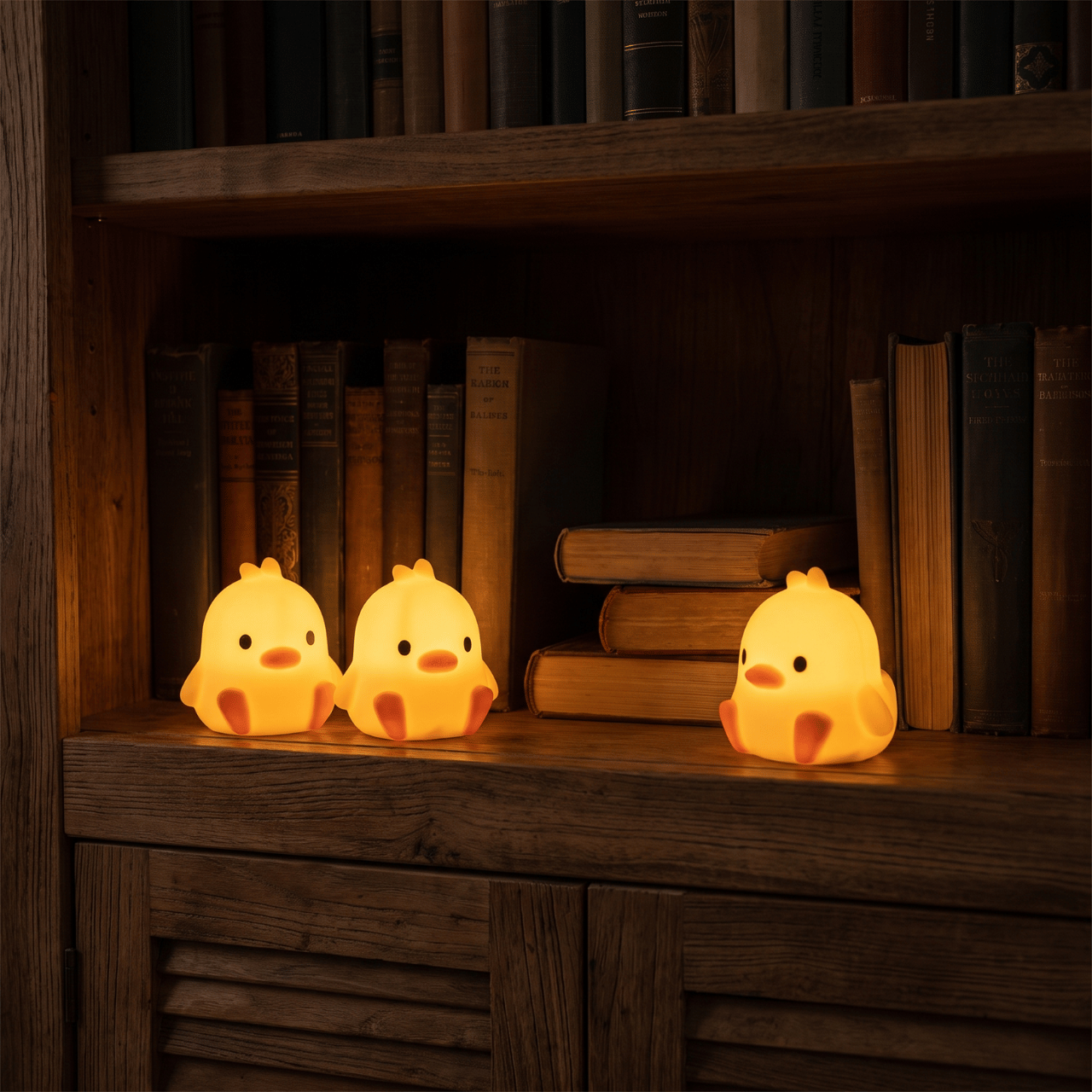 Peep duck night lights glowing on a wooden bookshelf among old hardback books