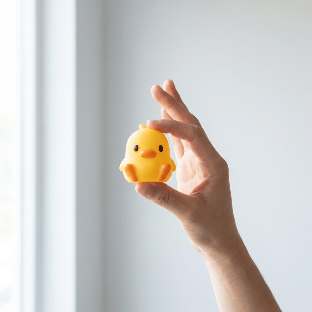 A hand holding a single glowing Peep chick night light against a white wall, showing its palm size