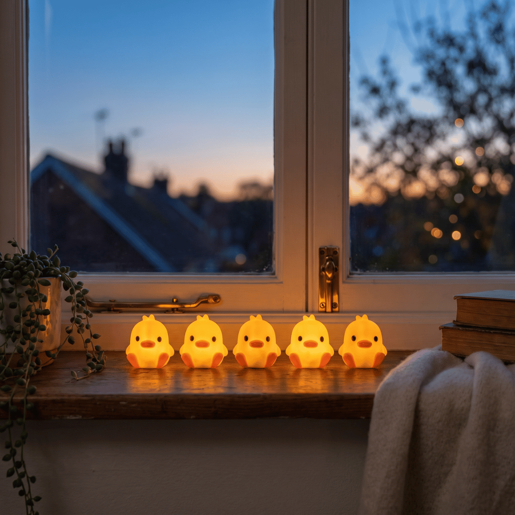 Five Peep duck night lights lined up along a windowsill at dusk with a city view behind