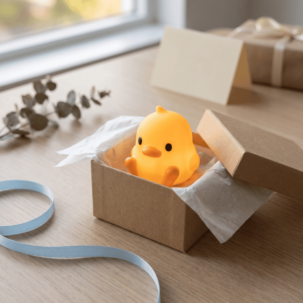 A Peep duck night light sitting in an open gift box with tissue paper and ribbon