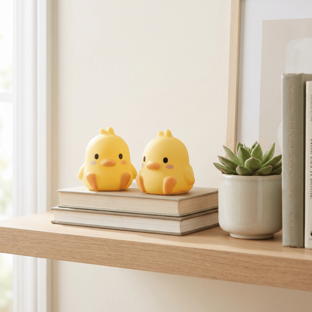 Two Peep duck night lights on a bright shelf beside books and a small succulent