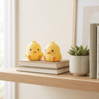 Two Peep duck night lights on a bright shelf beside books and a small succulent