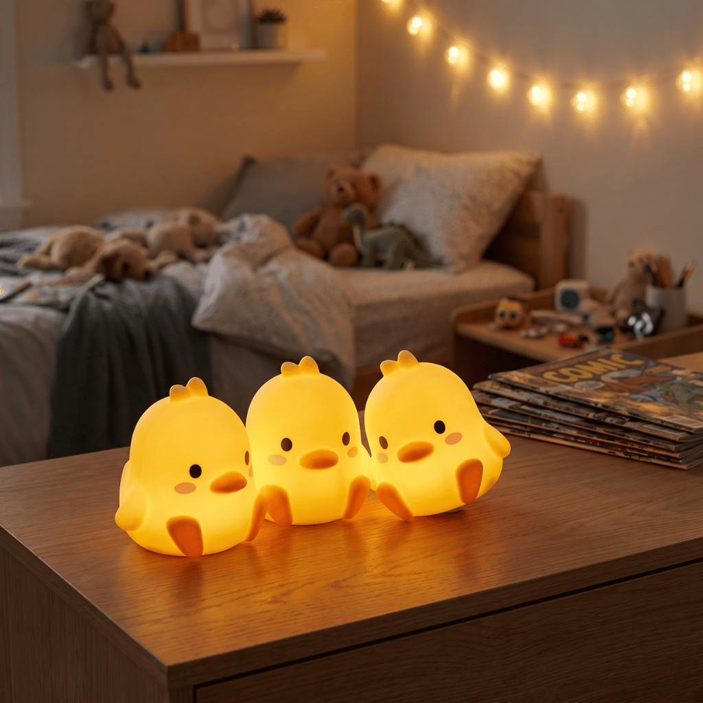 Three Peep night lights glowing on a nightstand in a child's bedroom with fairy lights and soft toys