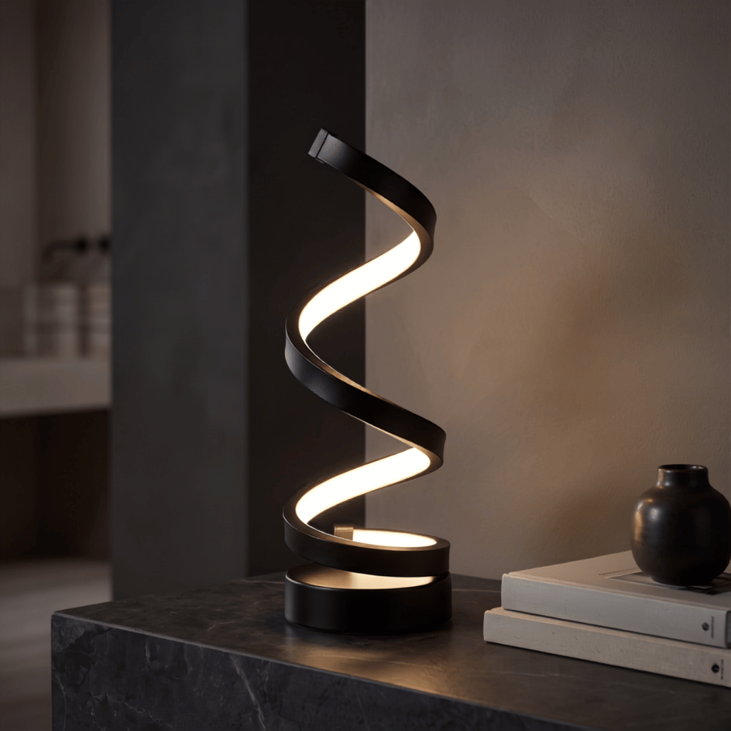 Spira black LED spiral table lamp glowing warm on a dark marble ledge beside a vase and books