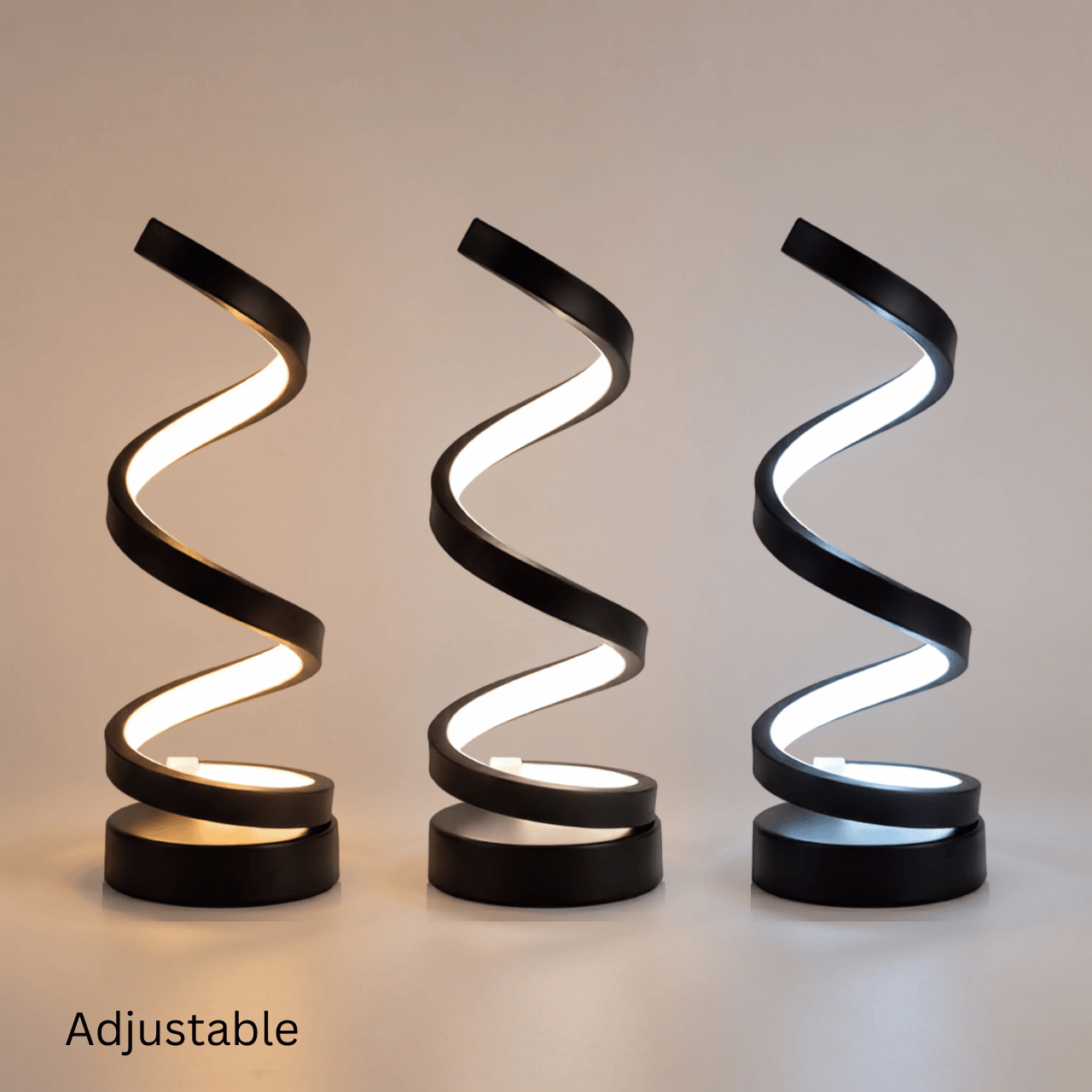 Three Spira spiral lamps shown at different brightness levels, showing the adjustable dimming