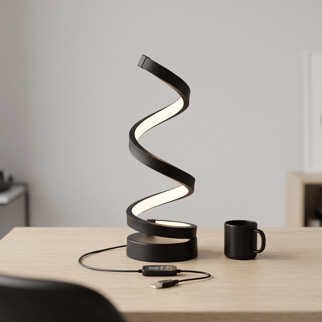 Spira LED spiral lamp on a pale wood desk with its in-line cable controller and a mug
