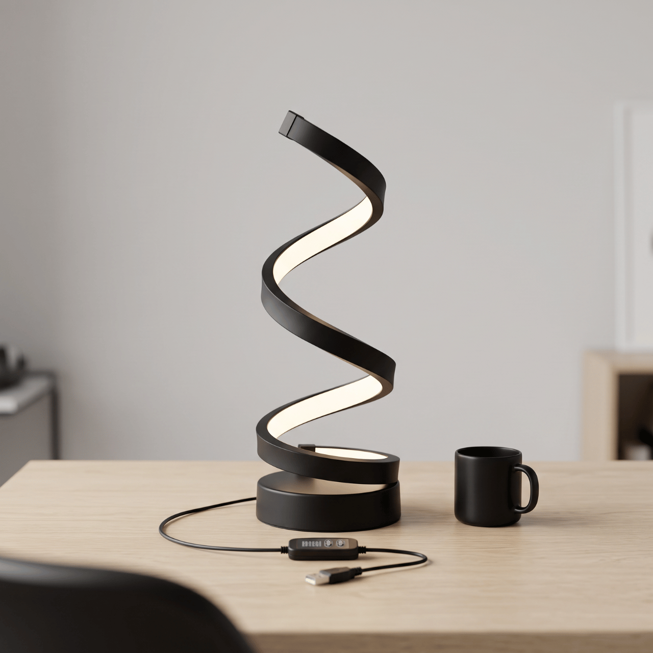 Spira LED spiral lamp on a pale wood desk with its in-line cable controller and a mug