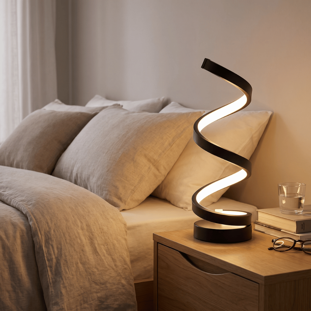 Spira spiral lamp glowing warm on a bedside table next to a made bed with cream pillows