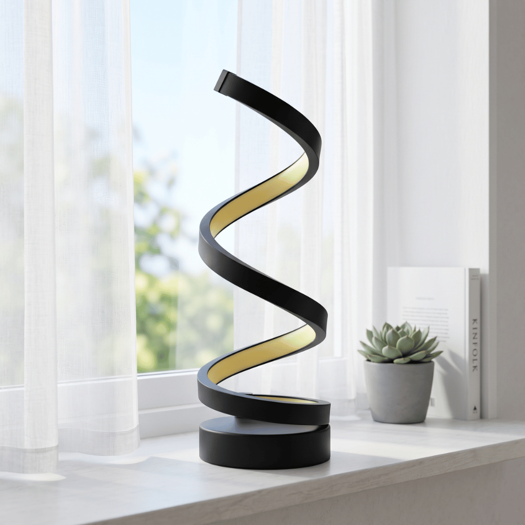 Spira spiral table lamp on a white windowsill in daylight beside sheer curtains and a small plant