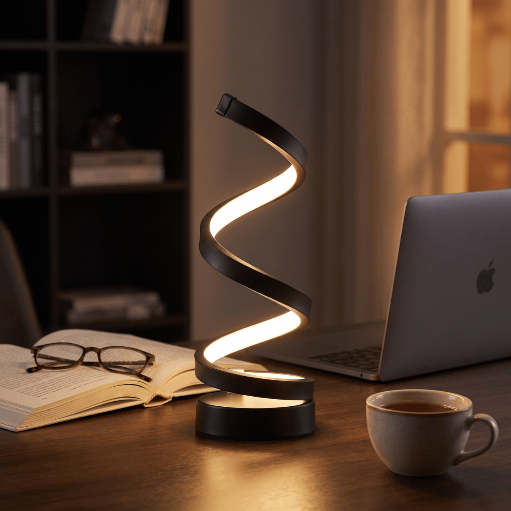Spira spiral table lamp lighting a desk at night beside a laptop, open book and coffee cup