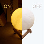 Luna 3D moon lamp compared switched on with a warm yellow glow and switched off showing its white moon surface