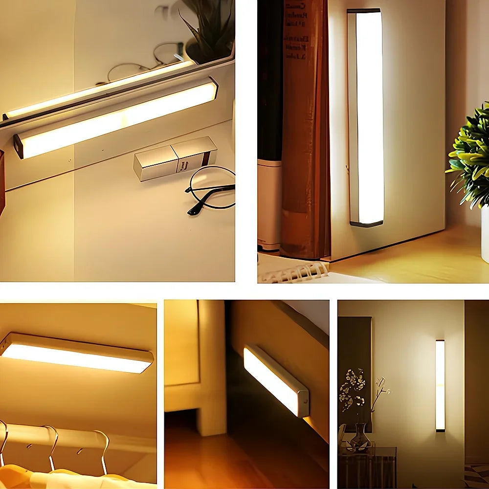 Nook Light motion sensor bars shown mounted in a kitchen, on shelving and at a desk