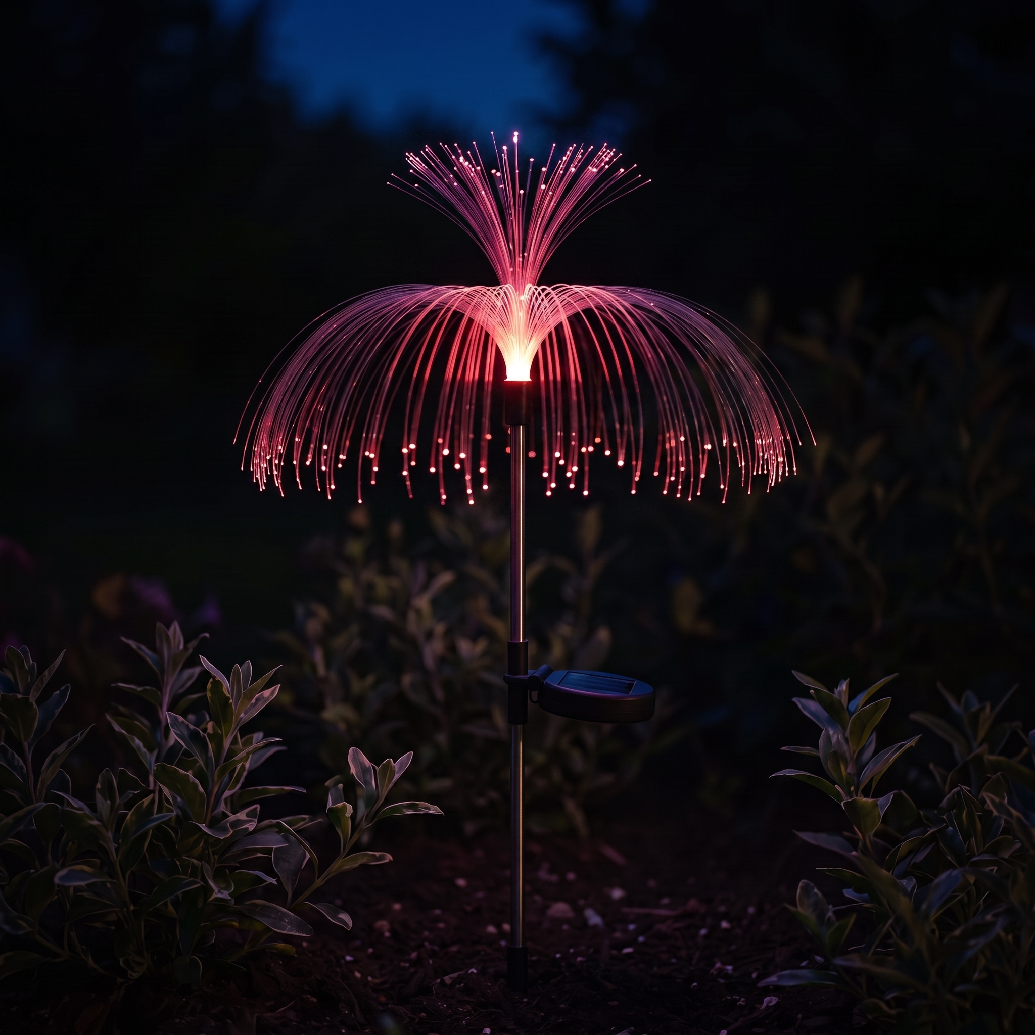 Three SeaBloom solar jellyfish garden lights glowing violet, green and amber in a garden border at night