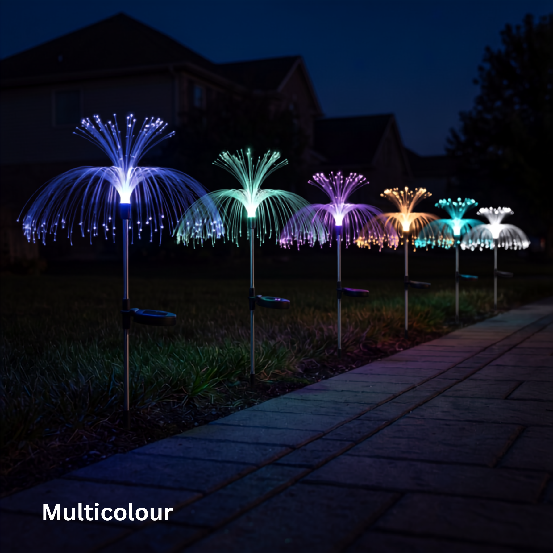 Seven SeaBloom solar jellyfish lights in blue, green, violet, amber, pink, teal and white along a driveway edge at night