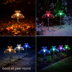 SeaBloom solar jellyfish garden lights shown across four seasons — autumn leaves, winter snow, frost and summer planting