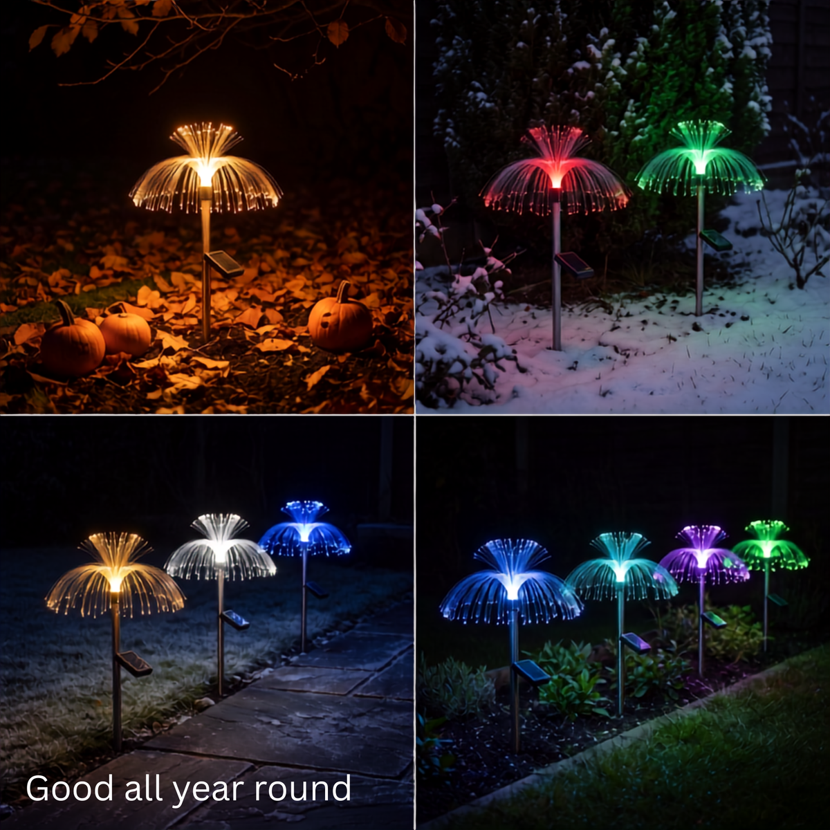 SeaBloom solar jellyfish garden lights shown across four seasons — autumn leaves, winter snow, frost and summer planting
