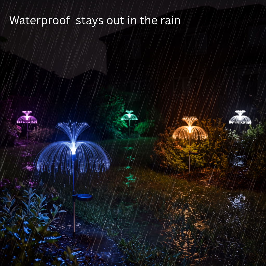 Five SeaBloom solar jellyfish garden lights glowing in different colours through heavy rain in a wet garden at night