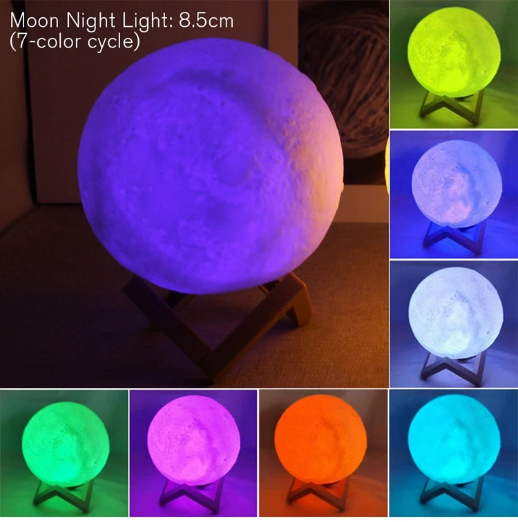 Luna 3D moon night light at 8.5 cm shown cycling through seven colours including purple, green, blue and orange