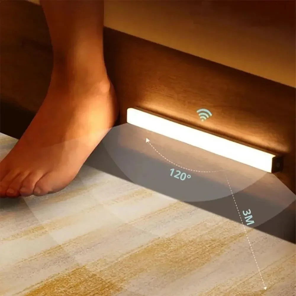 Nook Light bar lighting the floor beneath a cabinet with a diagram of its 120 degree motion detection spread